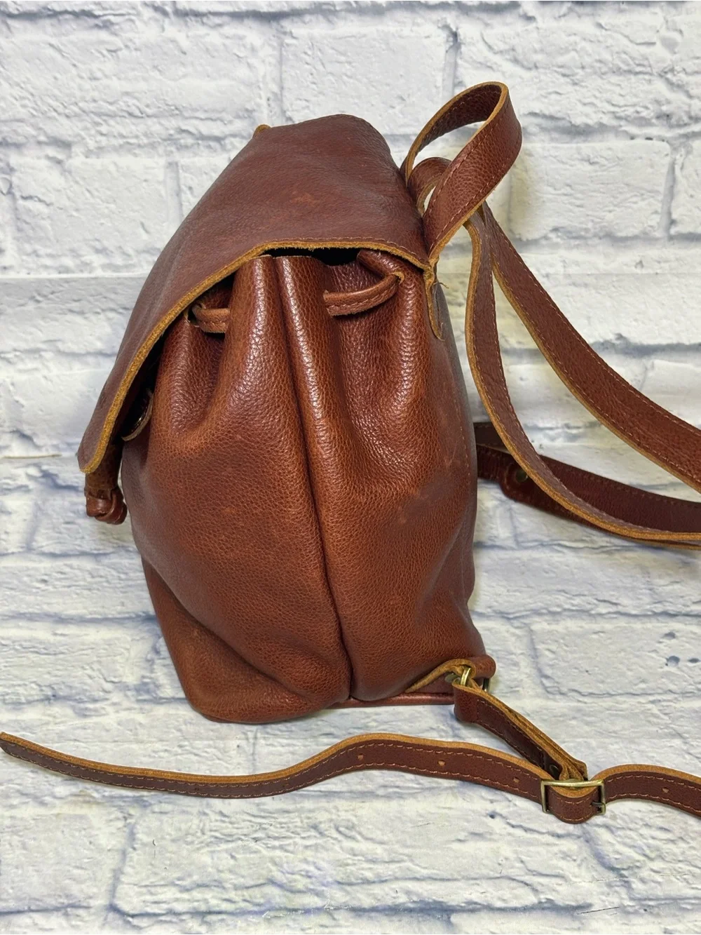 Portland Leather Goods Bucket Backpack Brown Full Grain Leather Drawstring Bag